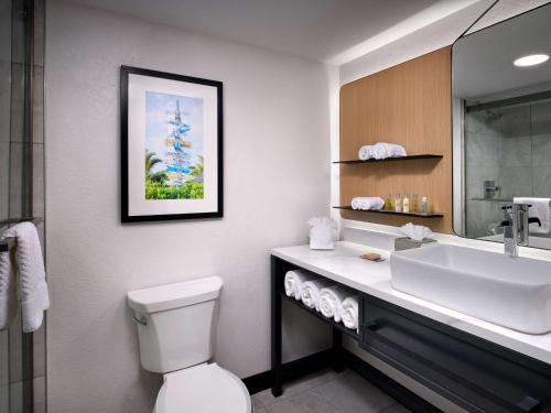 a bathroom with a sink and a toilet and a mirror at Hilton Garden Inn Cocoa Beach-Oceanfront, FL in Cocoa Beach