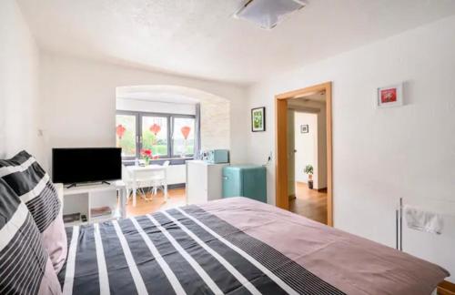 1 dormitorio con 1 cama y sala de estar en Günstiges grünes Ferienzimmer mit separater moderner Dusche, en Lörrach