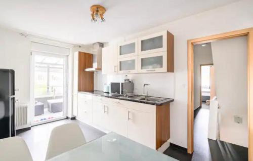 a kitchen with white cabinets and a large window at Günstiges grünes Ferienzimmer mit separater moderner Dusche in Lörrach