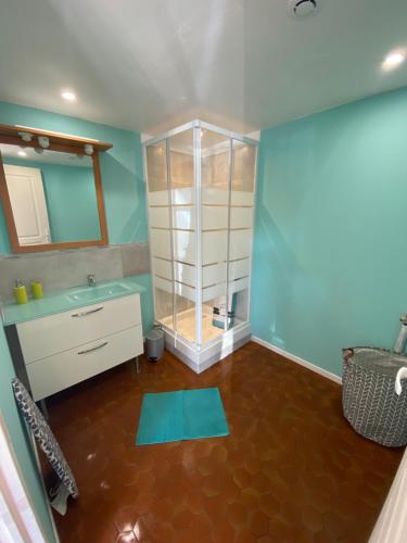 a bathroom with a sink and a mirror at Cottage les Écuries du faubourg in Béthune