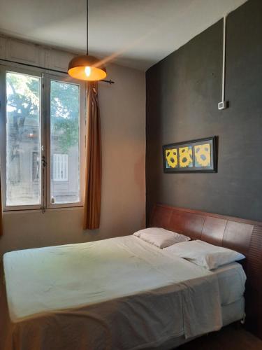 a bed in a bedroom with a ceiling fan at Casa Mutante Hostel in Montevideo
