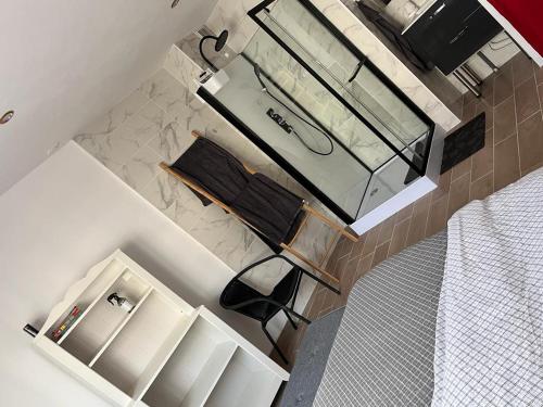 an overhead view of a bathroom with a sink and a mirror at Carol California in Chevigny-Saint-Sauveur