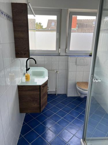 een badkamer met een douche, een wastafel en een toilet bij Pension Gauerbach Lingen in Lingen