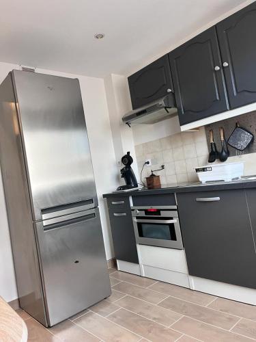 une cuisine avec un réfrigérateur en acier inoxydable et des armoires noires dans l'établissement Carol California, à Chevigny-Saint-Sauveur