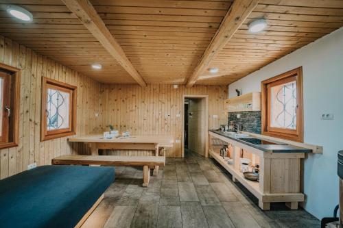 a room with wooden walls and wooden ceilings at Koča Ojstrica - Velika planina in Stahovica