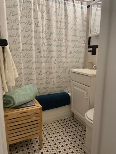 a bathroom with a shower curtain with writing on it at Cozy place in midtown NYC in New York