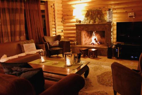 a living room with a fireplace in a log cabin at Oreias Chalet in Ano Trikala