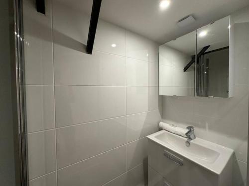 La salle de bains blanche est pourvue d'un lavabo et d'un miroir. dans l'établissement Cosy appt, Croix rousse Duviard 2, à Lyon