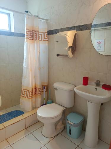 a bathroom with a toilet and a sink at cabañas Te Pito Kura in Hanga Roa