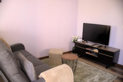 a living room with a couch and a flat screen tv at Village Center One Bedroom Apartment in Porto Moniz