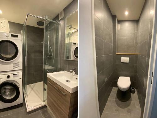 une salle de bain avec un lavabo et une machine à laver dans l'établissement Appartement cosy proche pistes et remontées avec balcon, accès wifi - FR-1-459-224, à La Clusaz