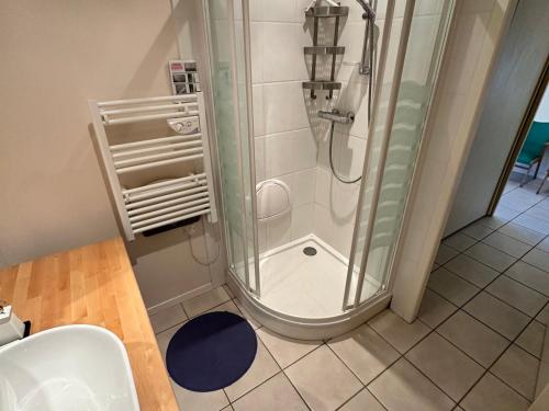 une douche avec une porte vitrée dans une salle de bain dans l'établissement Appartement 6 pers. avec balcon et garage au cœur de Villard-de-Lans - FR-1-515-198, à Villard-de-Lans