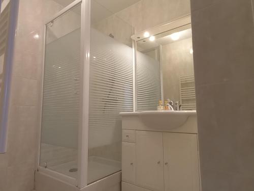 une salle de bain avec une douche, un lavabo et un miroir dans l'établissement Bel Apt 2 Chambres en Front de Mer + Terrasse et Garage Privé - FR-1-323-324, à Saint-Jean-de-Monts