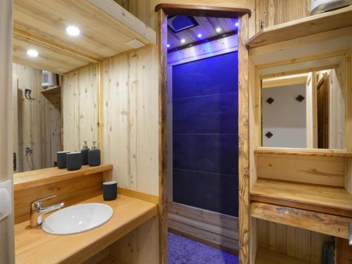 une salle de bain avec un lavabo et une douche dans l'établissement Superbe studio cabine rénové accès direct aux pistes - FR-1-181-2734, à Aime La Plagne