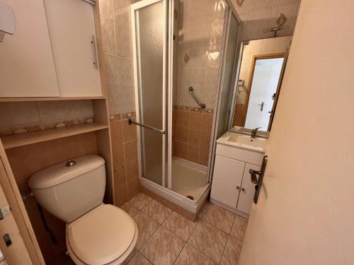une petite salle de bain avec toilettes et douche dans l'établissement Appartement 2 pièces proche plage avec garage, Fréjus - FR-1-226A-167, à Fréjus