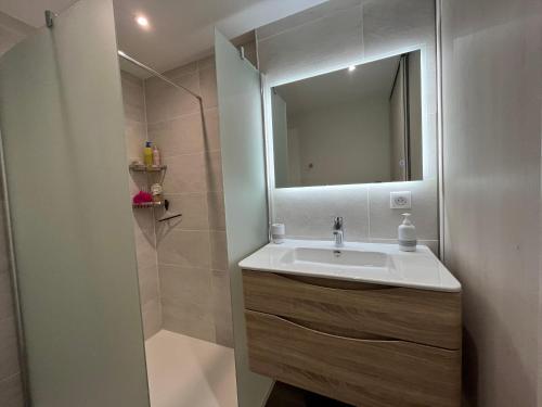 La salle de bains est pourvue d'un lavabo et d'un miroir. dans l'établissement Appartement Vaux-sur-Mer, 4 pièces, 6 personnes - FR-1-539-57, à Vaux-sur-Mer