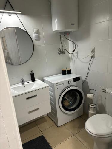 a bathroom with a washing machine and a sink at Centrum blisko PKP in Wałbrzych