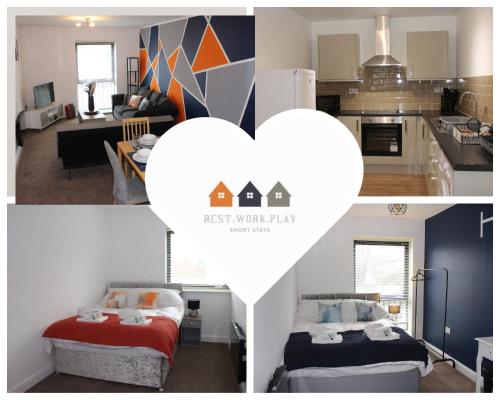 a collage of four pictures of a kitchen and a living room at RestWorkPlayShortStays apartment, free parking and wifi, perfect for contractors, near to i54 park and city centre in Wolverhampton