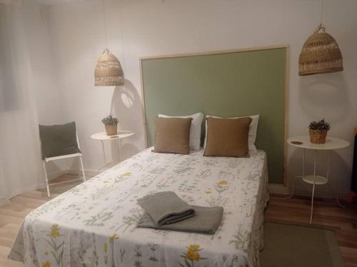 1 dormitorio con 1 cama con 2 almohadas en Casa Sierra norte de Madrid, en Navalquejigo