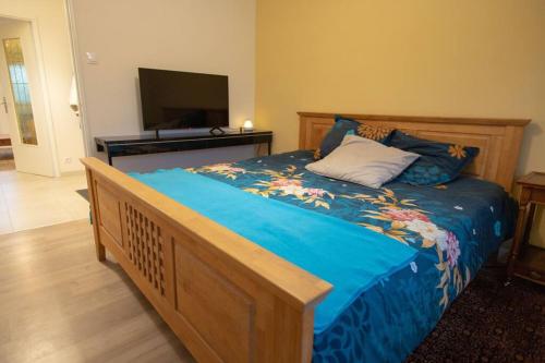 une chambre avec un lit avec une couette bleue et une télévision dans l'établissement Bel appartement avec baignoire, à Strasbourg