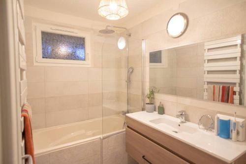 une salle de bain avec une baignoire, un lavabo et une douche dans l'établissement Bel appartement avec baignoire, à Strasbourg