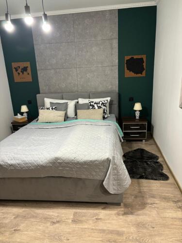 a bedroom with a large bed and green walls at Centrum blisko PKP in Wałbrzych