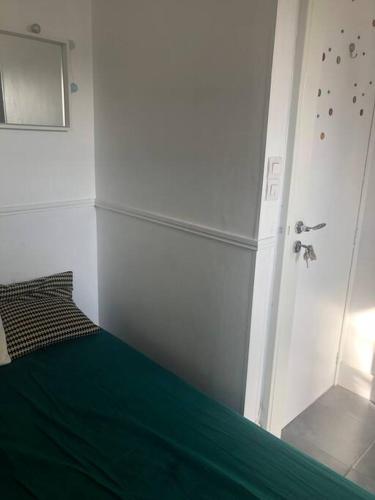 - une chambre avec un lit vert et une douche dans l'établissement STUDIO CŒUR VIEUX PARIS. Pied du métro.Tout équipé, à Paris