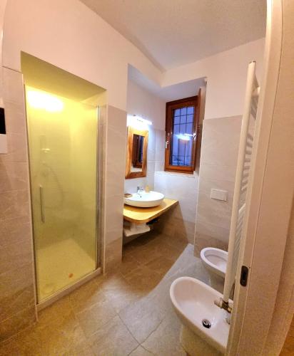 a bathroom with a shower and a sink and a toilet at Dimora Grotta Masciarelli in LʼAquila