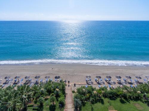an aerial view of a beach with chairs and the ocean at Poseidon Beach Hotel in Kastrosikia