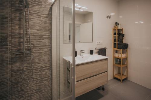 La salle de bains est pourvue d'un lavabo et d'une douche. dans l'établissement Casas del Pedregal, à A Estrada