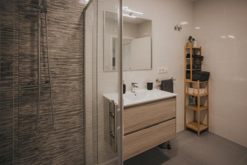 a bathroom with a sink and a shower at Casas del Pedregal apartamento 3 in A Estrada