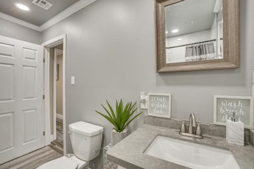 een badkamer met een toilet, een wastafel en een spiegel bij Charming Louisiana Getaway with Deck and Yard! in Destrehan