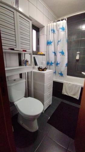 a bathroom with a toilet and a shower curtain at Cantinho da Fajã in Faja Grande