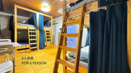 Schlafsaal mit Etagenbetten und einer Leiter in der Unterkunft Hotel Adonis Tokyo - Dormitory Share Room For Male Only At City Center in Tokio