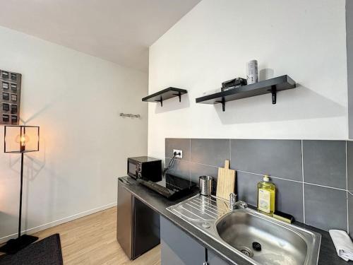 uma cozinha com um lavatório e uma bancada em Cosy studio, Cours Émile Zola 2 em Villeurbanne