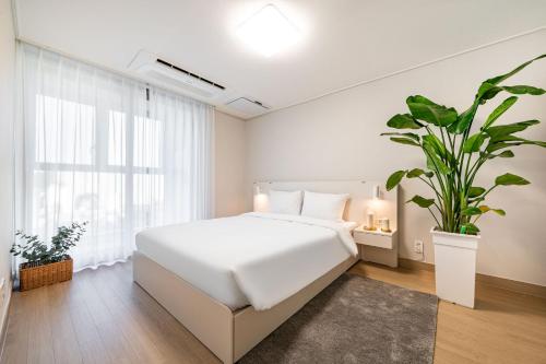 Allzip Archieve4H Residence hotel Busan tesisinde bir odada yatak veya yataklar