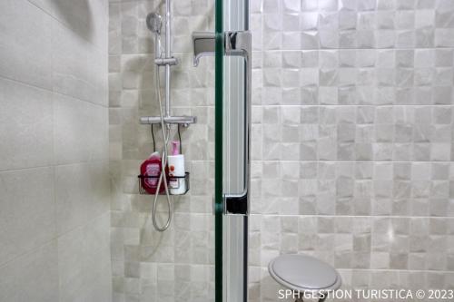 a shower with a glass door and a toilet in a bathroom at Apartamento Lokys centro ciudad, parking privado gratuito in Murcia