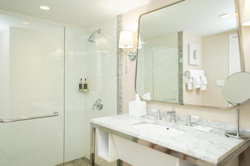 y baño blanco con lavabo y ducha. en Hanover Inn Dartmouth, en Hanover