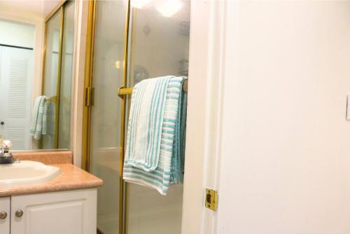 a bathroom with a shower and a sink and a towel at Lovely 1 bedroom attached full washroom in Surrey