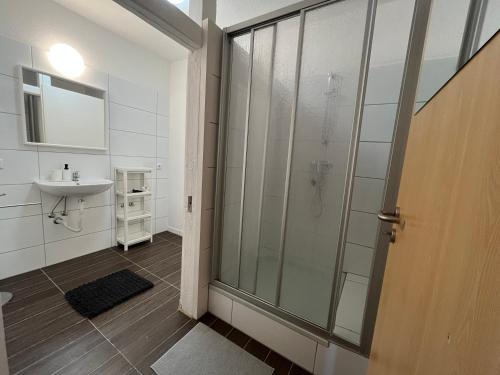 La salle de bains est pourvue d'une douche et d'un lavabo. dans l'établissement MWM Gästehaus, à Meine