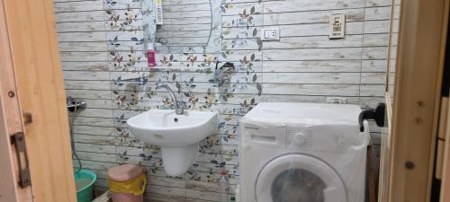 ein Badezimmer mit einem Waschbecken und einer Waschmaschine in der Unterkunft حدائق اكتوبر in Madinat as-Sadis min Uktubar