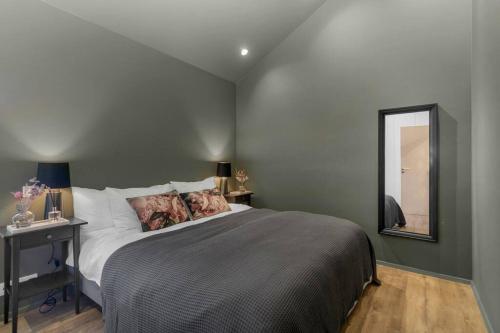 1 dormitorio con 1 cama grande y espejo en Luxury down town/Free parking en Reikiavik