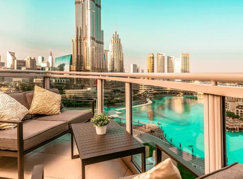 a balcony with a view of a city at Elite Royal Apartment - T3 - Full Burj Khalifa & fountain view in Dubai