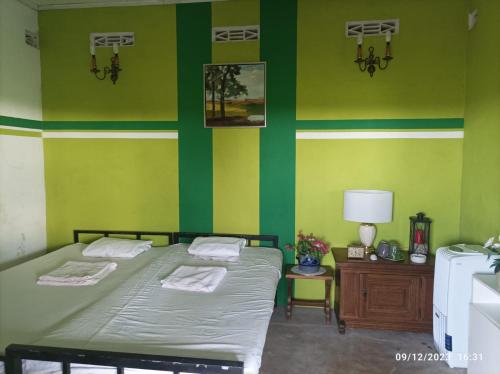 的住宿－Farmhouse in Jaffna District，一间卧室配有一张床和一张带台灯的桌子