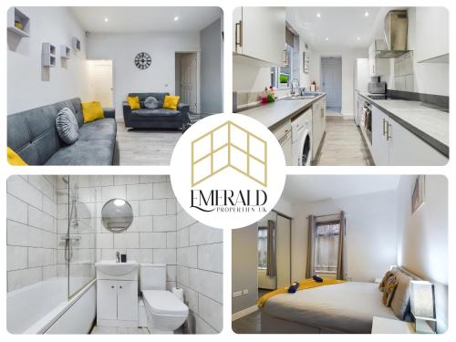 a collage of photos of a kitchen and a living room at Emerald Properties UK - Stoke-on-Trent City Centre, close to Alton Towers in Stoke on Trent
