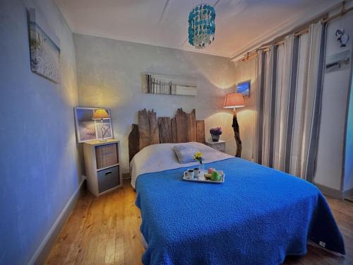 1 dormitorio con 1 cama grande con manta azul en Chez marie, en Asson