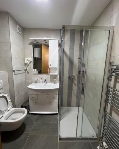 亞霍里納的住宿－Olimpijska kuca Freedom，带淋浴、盥洗盆和卫生间的浴室