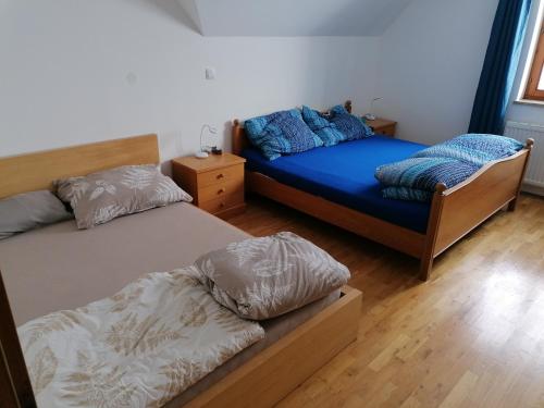 een slaapkamer met 2 bedden en een blauwe nachtkastje bij Einfamilienhaus am Land Ortsteil Mellach nähe Graz in Mellach
