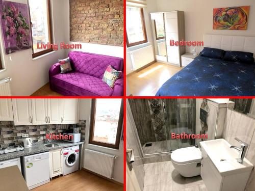 a collage of four pictures of a kitchen and a living room at Istanberry - Dream Apartments in Istanbul