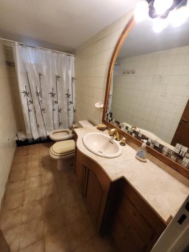 ein Badezimmer mit Waschbecken, Toilette und Spiegel in der Unterkunft Departamento El Parral Parque Central in La Cieneguita